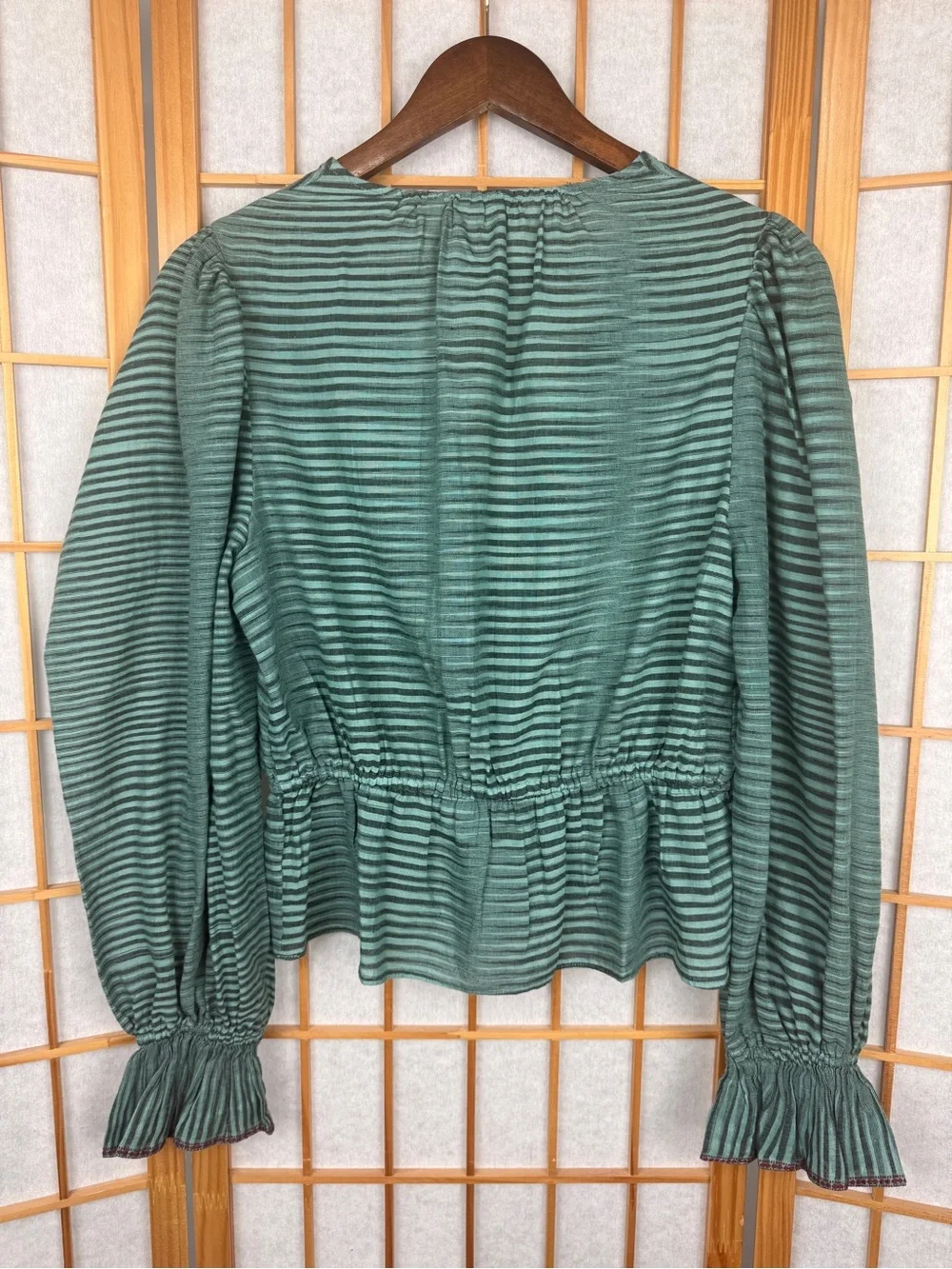 Ulla Johnson Ophelia Gathered Striped Cotton Peplum Blouse Teal Green - Size 4